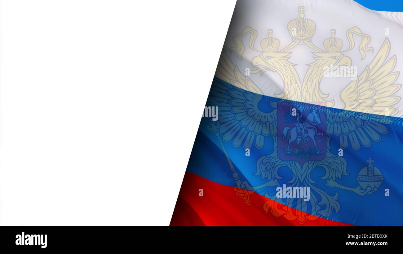 Russische Flagge mit Adler Emblem winken im Wind. Realistische russische Flagge Hintergrund