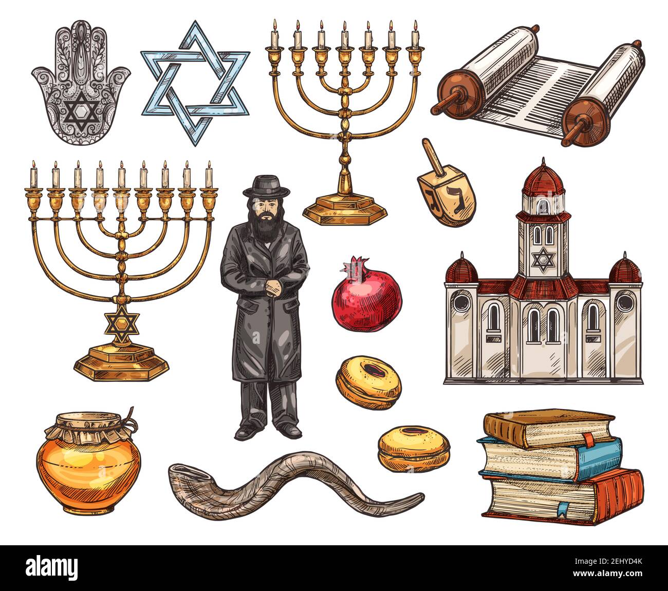 Judentum Religion Symbole Jüdische Religiöse Skizze Ikonen Vektor