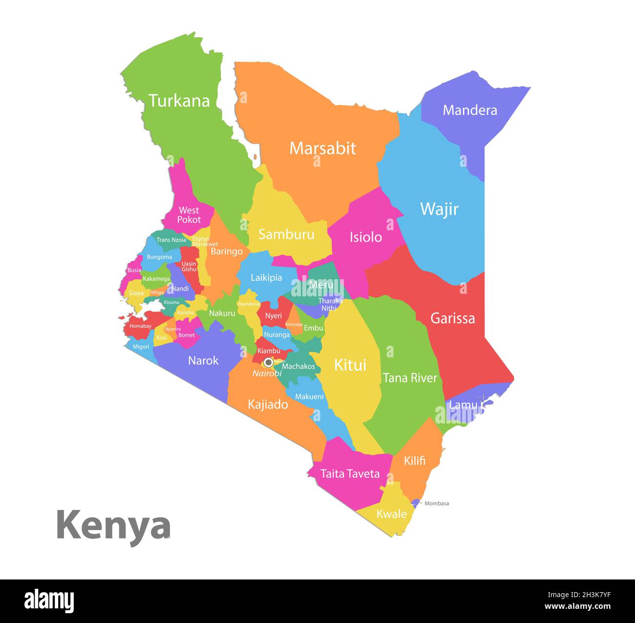 Kenya-Karte, administrative Teilung, separate einzelne Regionen mit ...