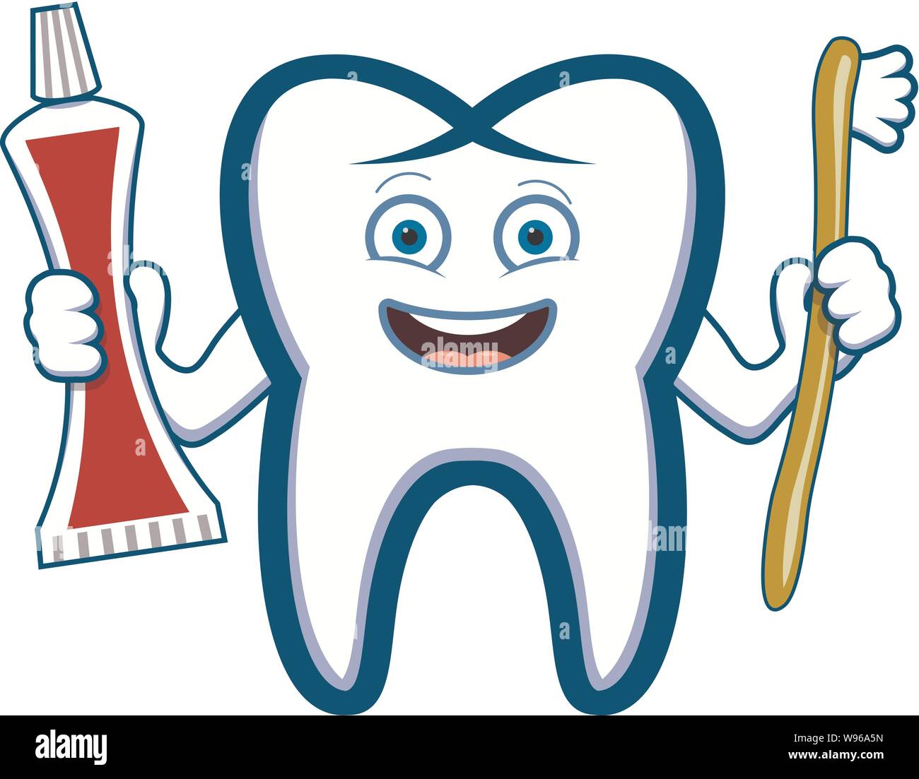 Vektor glücklich lächelnde Zahn holding Zahnbürste und Zahnpasta tube