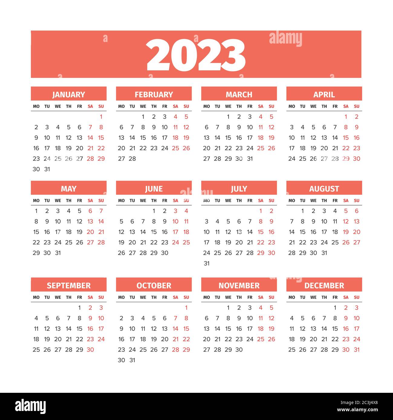 2023 Kalender mit den Wochen beginnen am Montag Stock-Vektorgrafik - Alamy